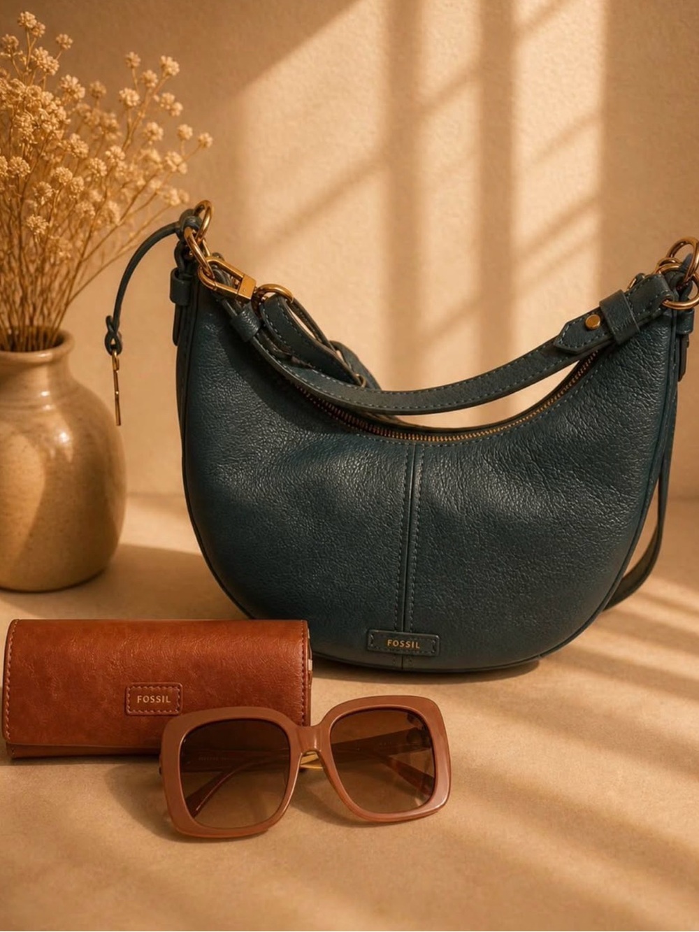 Fossil Teal Crescent Leather Shoulder Bag with Gold Hardware and sunglasses set